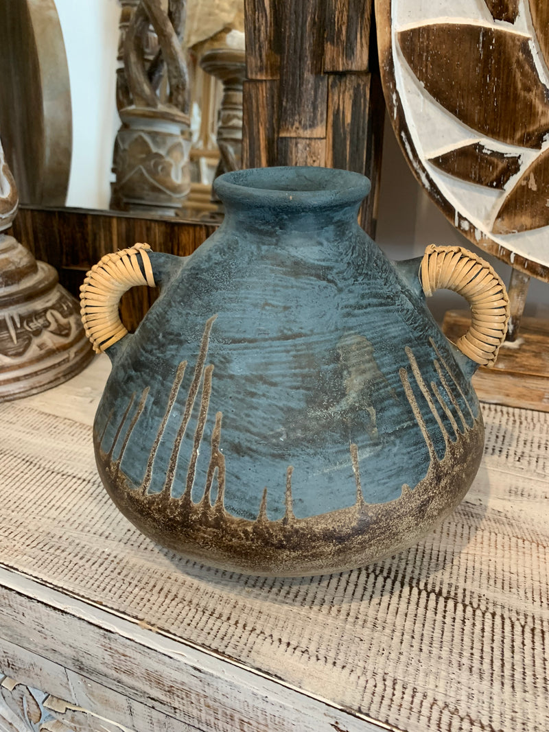 Blue terracotta vase with rattan handles