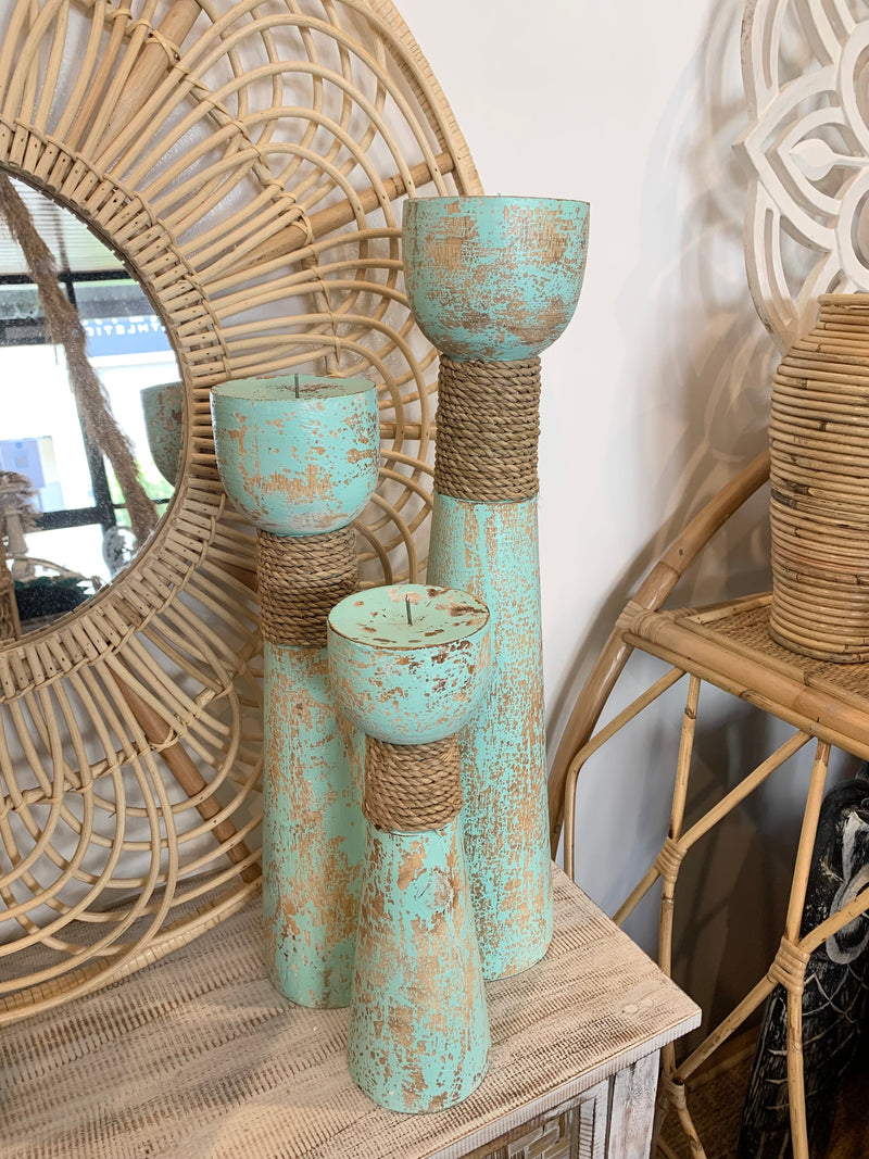 Set 3 timber candlesticks with rope. Aqua blue