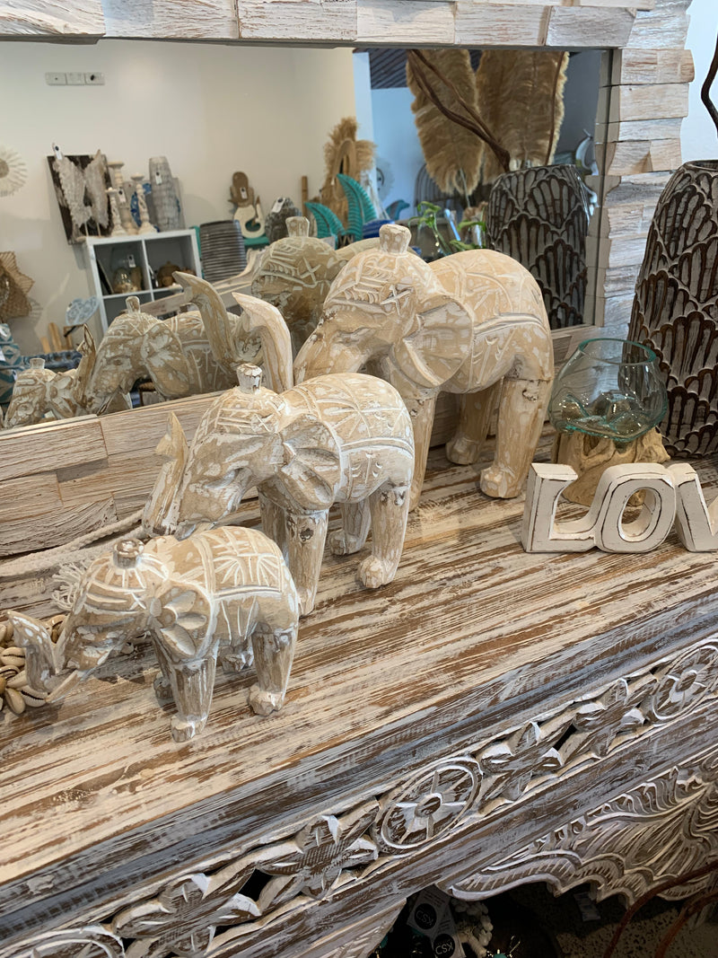 Set 3 timber handcarved elephants white wash.