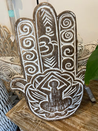 Hamsa lady hand handcarved. Brown