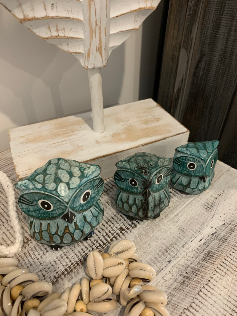 Green timber owls. Set 3. Handpainted and handcarved.