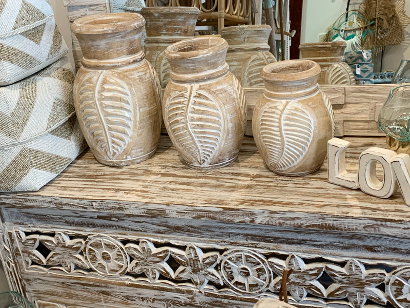 Set 3 white wash carved timber vases