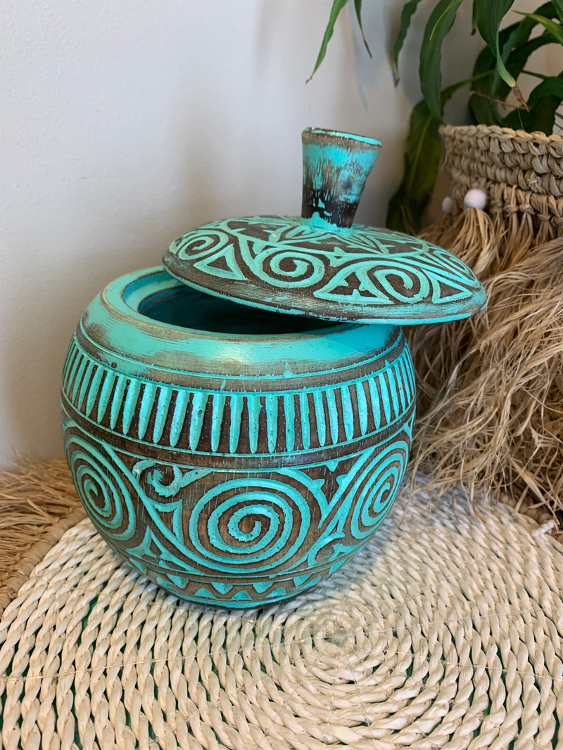 Turquoise Carved Brown timber pot with lid