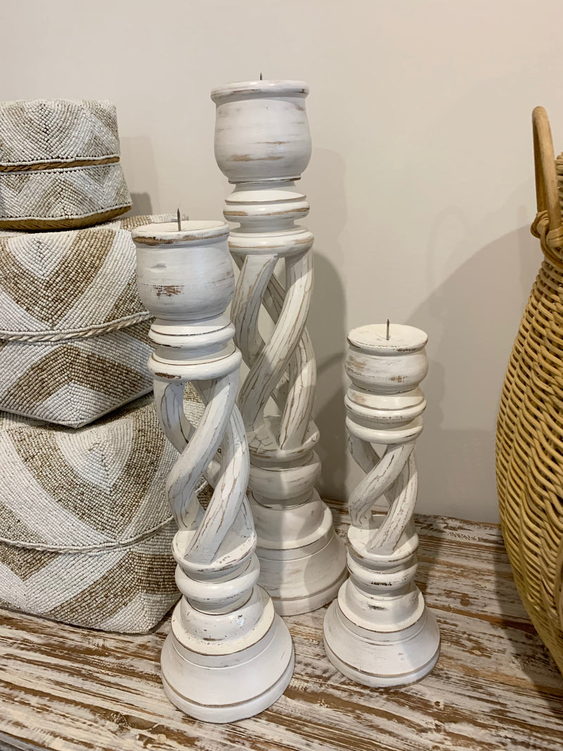 Set 3 timber candlesticks. Rustic white