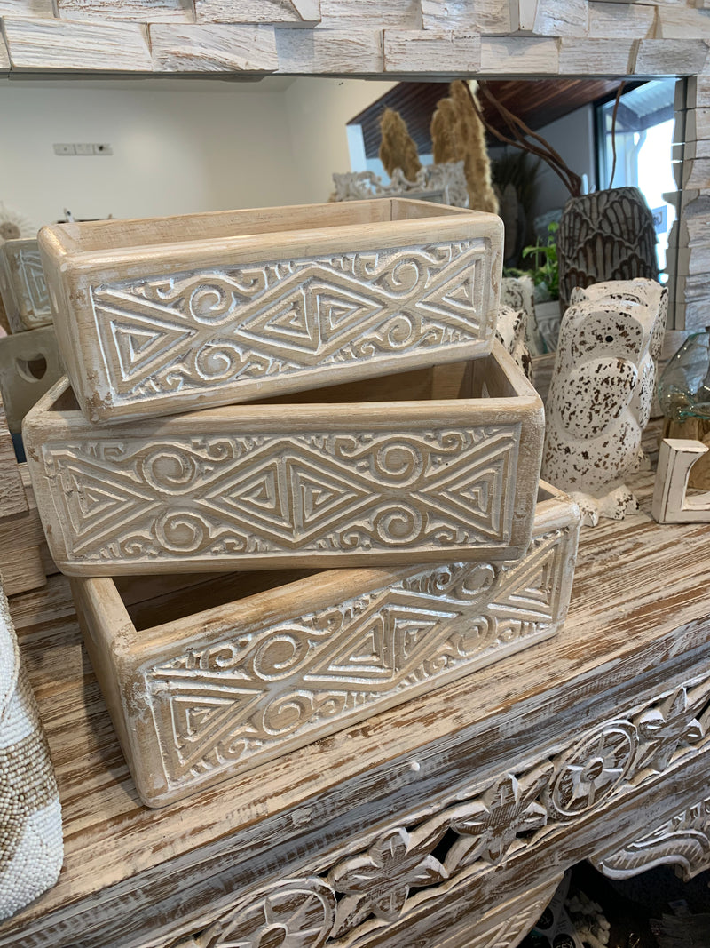 Set 3 carved timber boxes. White wash