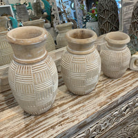 Set 3 white wash carved timber vases